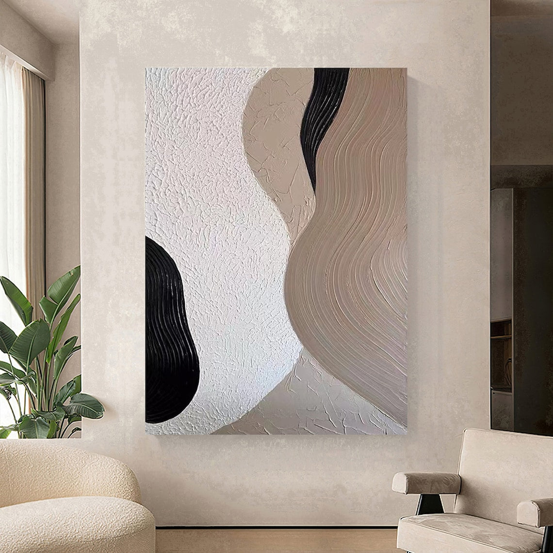 Large abstract wall art for living room with black, beige, and white textured swirls
