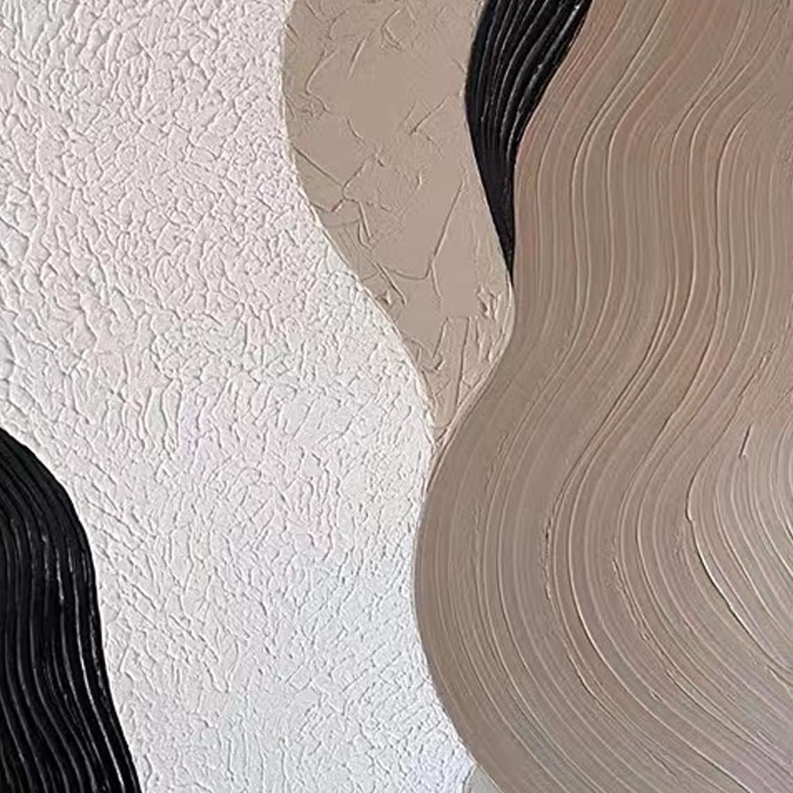 Large abstract wall art for living room with black, beige, and white textured swirls