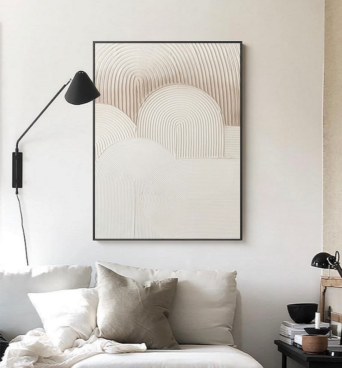 Scandinavian wall art canvas with abstract curved line patterns in neutral tones