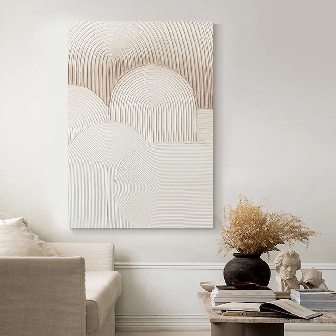 Scandinavian wall art canvas with abstract curved line patterns in neutral tones