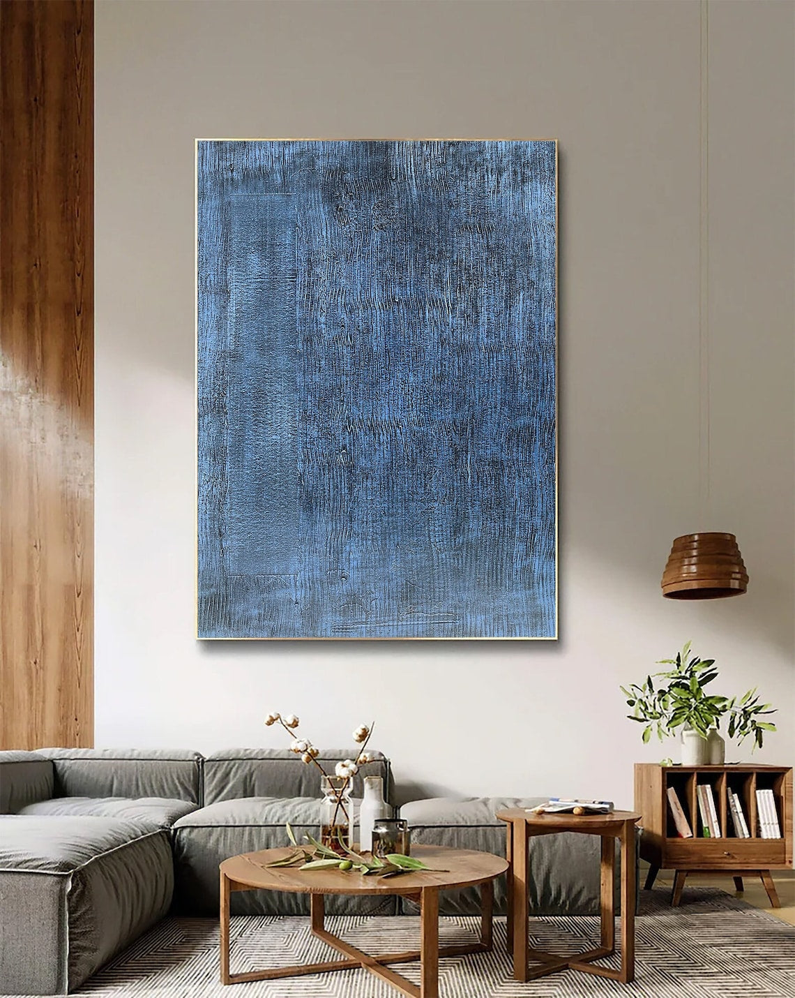 Blue textured painting on canvas with layered brushstrokes, modern abstract wall art