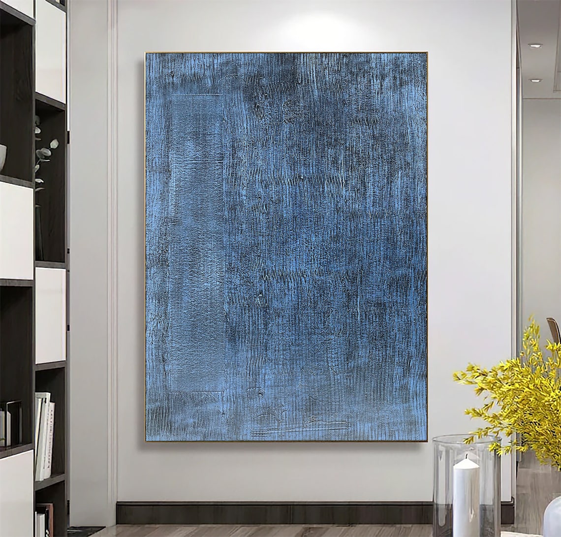 Blue textured painting on canvas with layered brushstrokes, modern abstract wall art