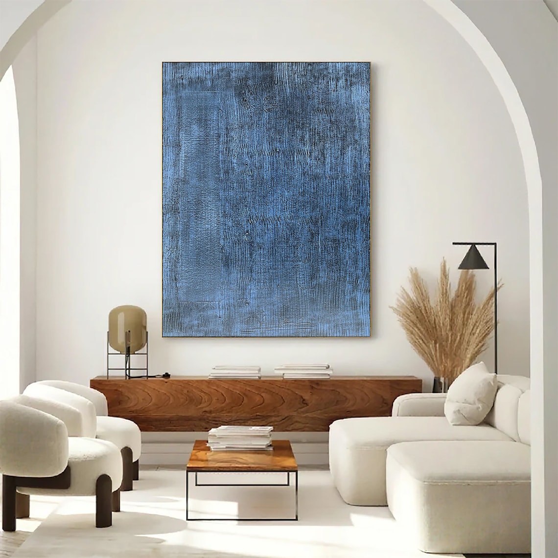 Blue textured painting on canvas with layered brushstrokes, modern abstract wall art
