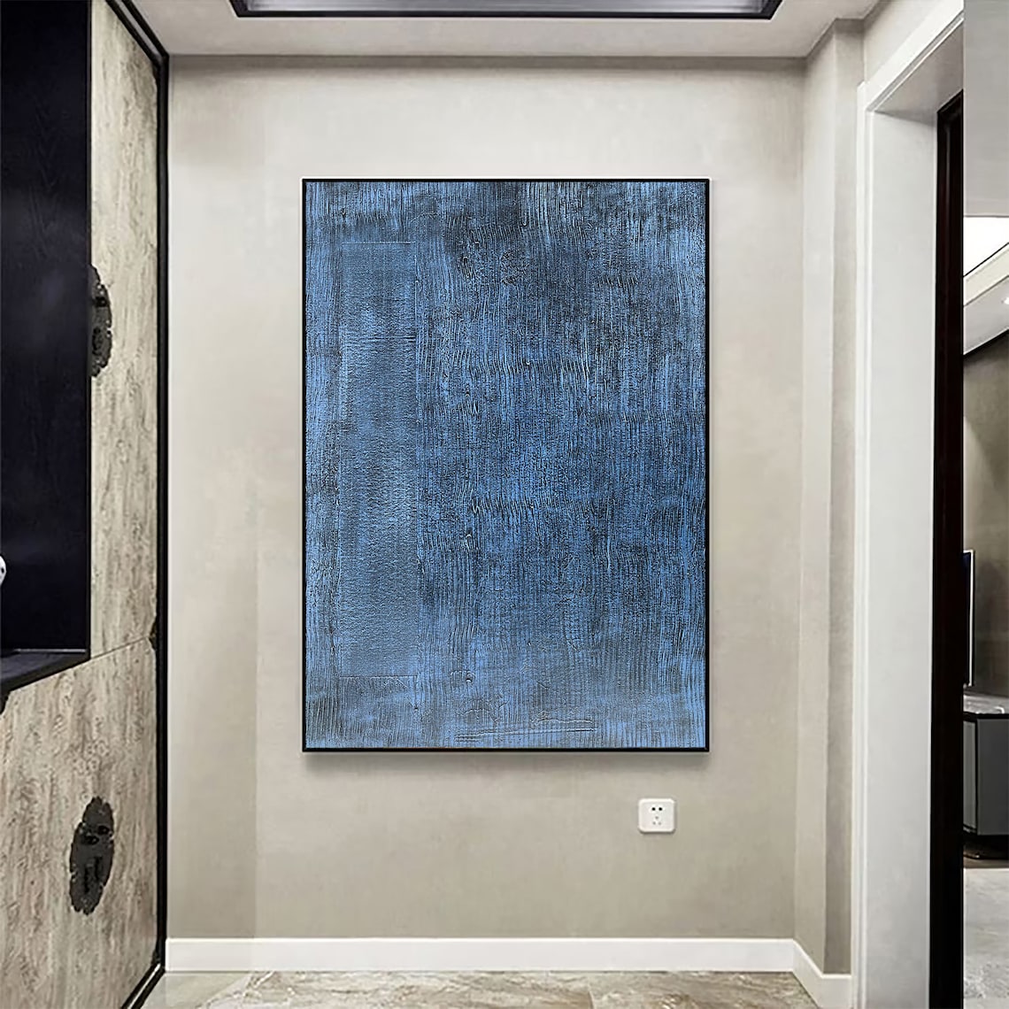 Blue textured painting on canvas with layered brushstrokes, modern abstract wall art