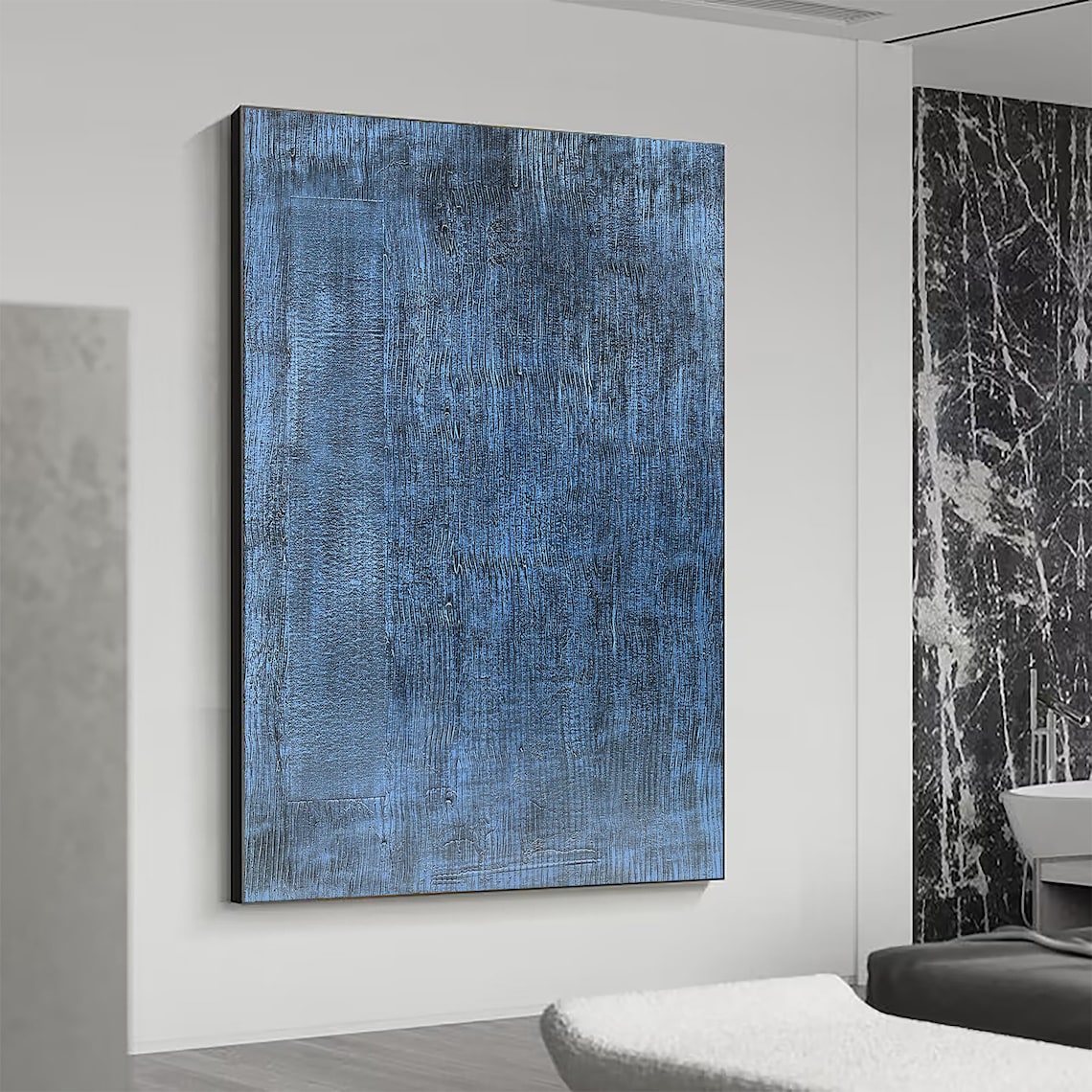 Blue textured painting on canvas with layered brushstrokes, modern abstract wall art