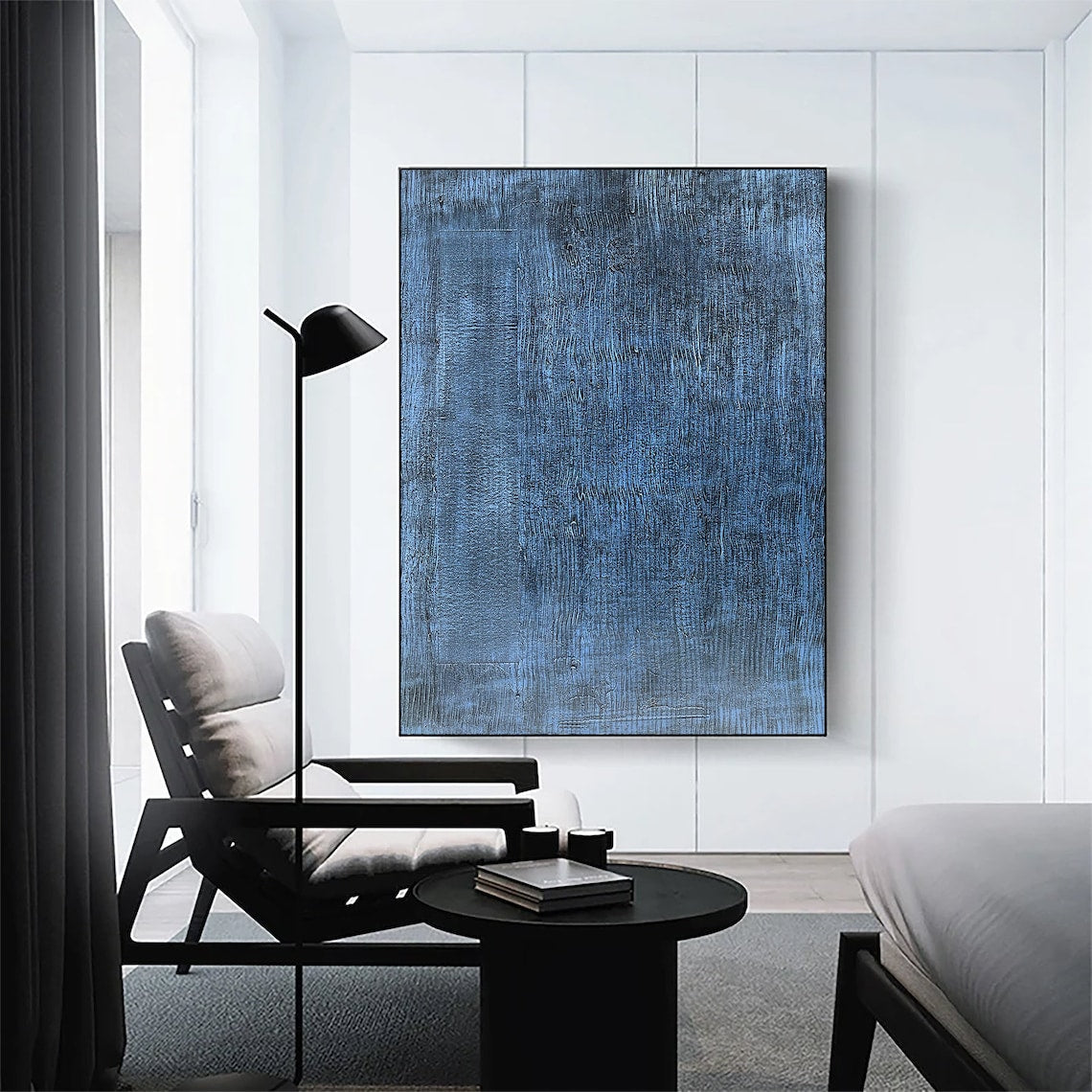 Blue textured painting on canvas with layered brushstrokes, modern abstract wall art