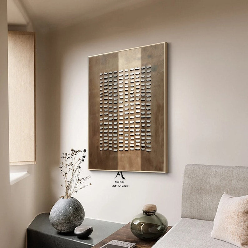 Modern minimalist art with uniform cutouts on a brushed bronze finish canvas.