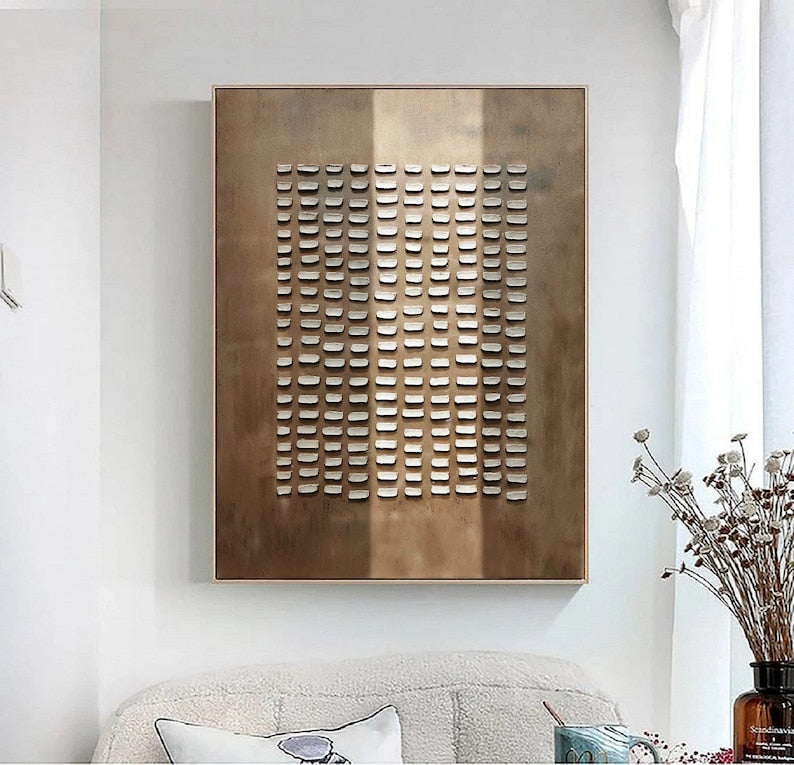 Modern minimalist art with uniform cutouts on a brushed bronze finish canvas.