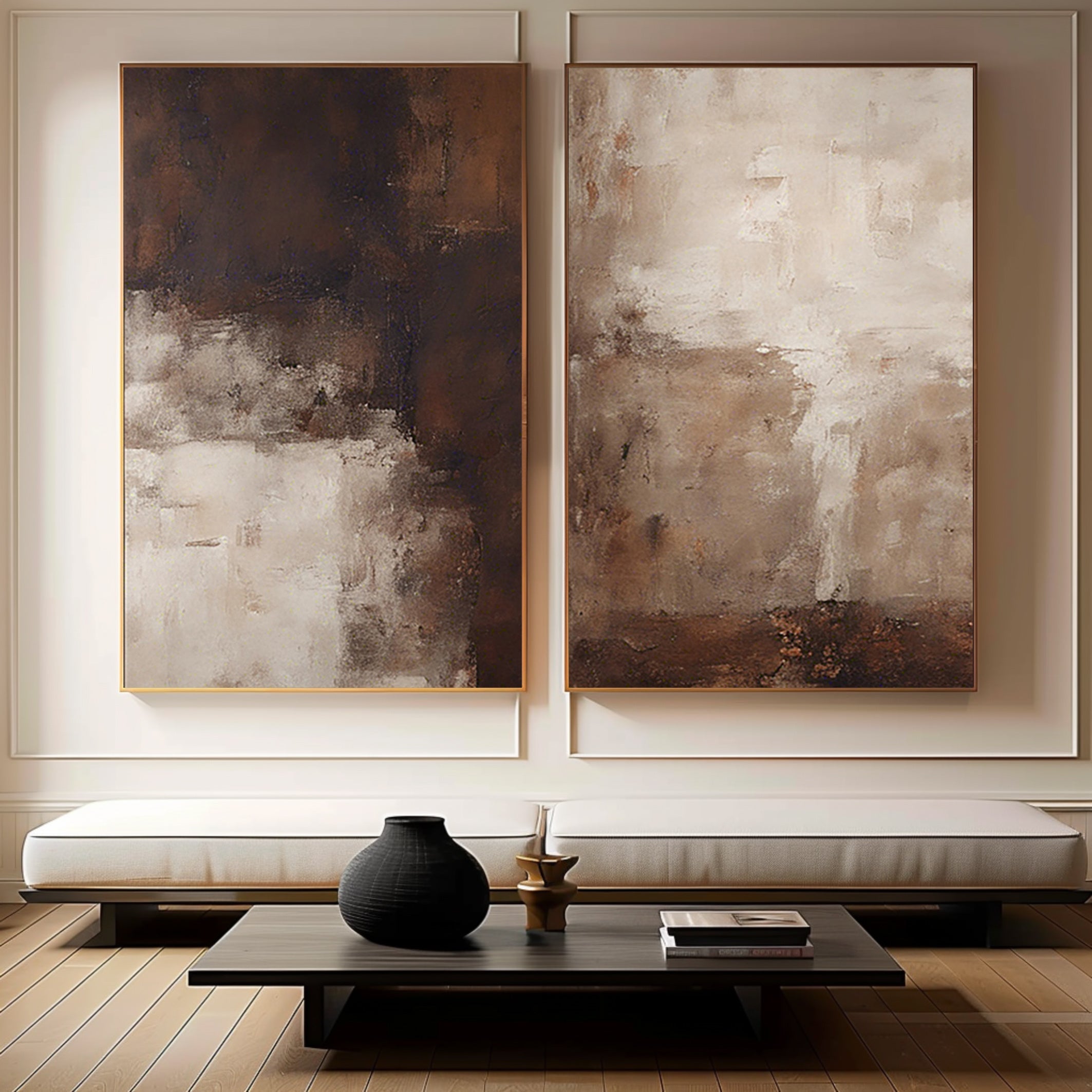 Beige & Brown Minimalist Painting with abstract textures and warm tones.