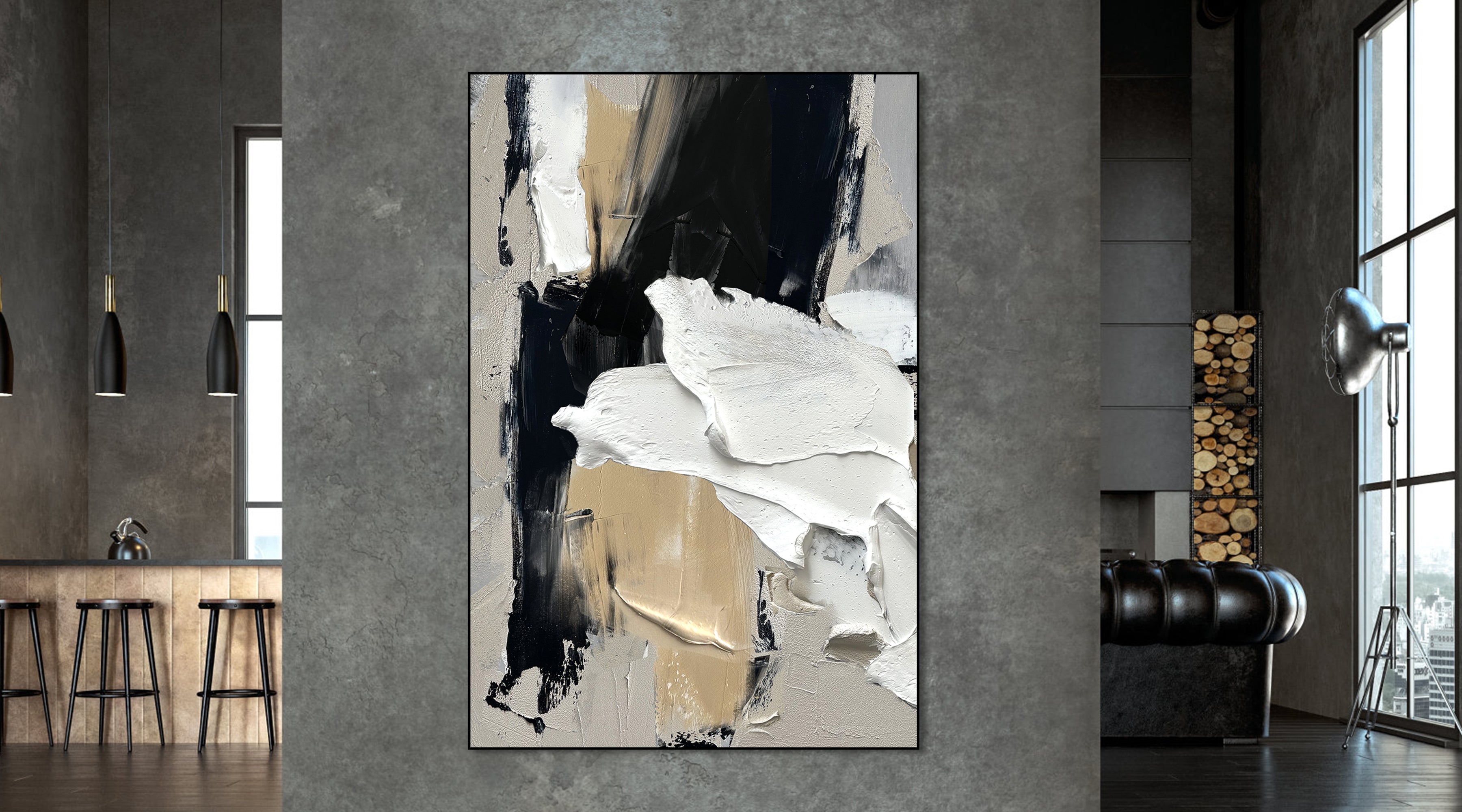 Noir & Gold Abstract – Minimalist Textured Abstract Wall Art