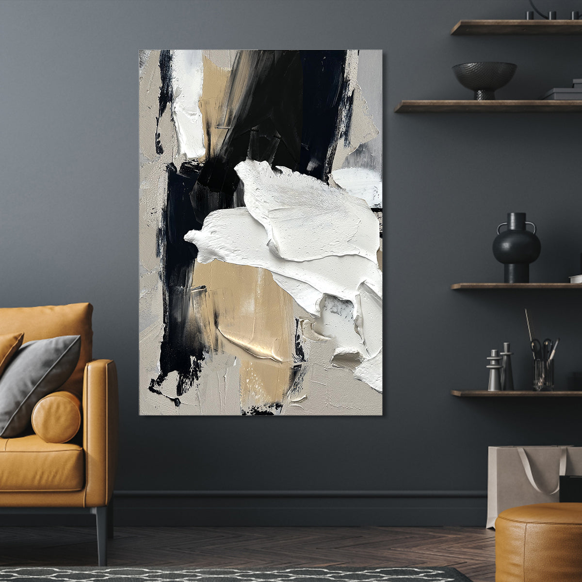 Noir & Gold Abstract – Minimalist Textured Abstract Wall Art
