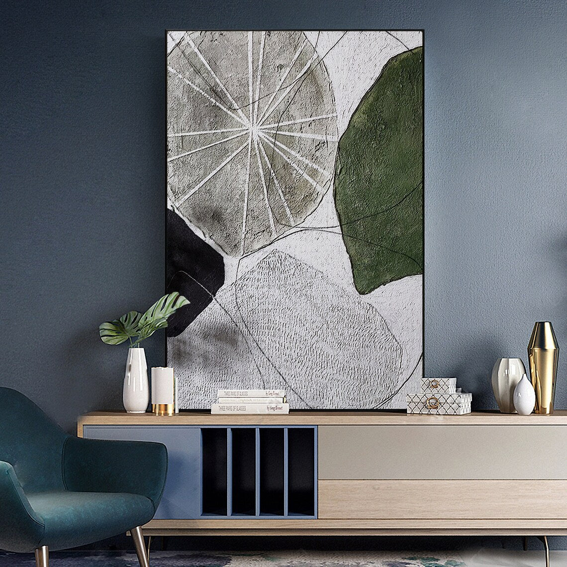 Abstract geometric wall art with textured shapes in green, black, and gray tones