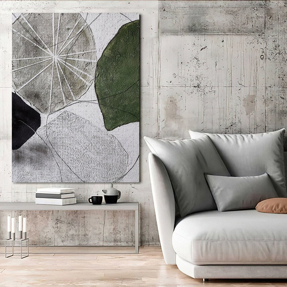 Abstract geometric wall art with textured shapes in green, black, and gray tones