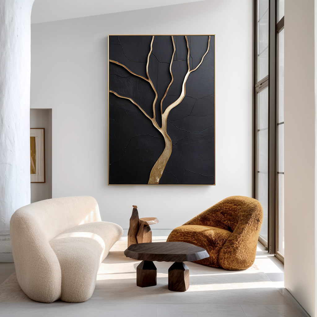 Gold tree sculpture on black textured canvas with winding branches.
