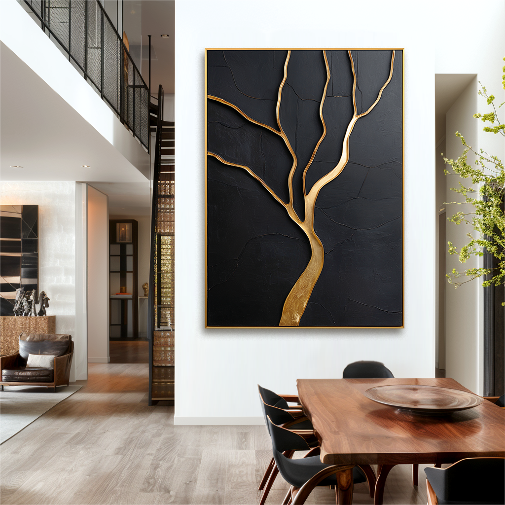 Gold Tree Art on Black Textured Canvas - Modern Abstract Sculpture