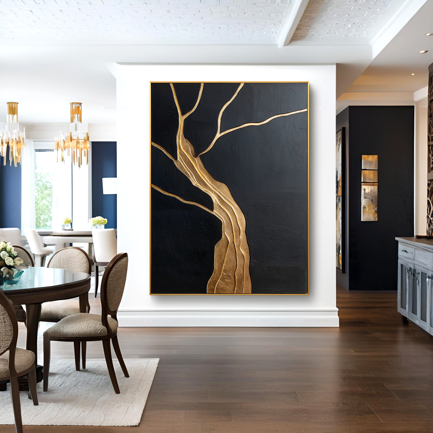 Abstract tree art with gold textured branches on a black background.