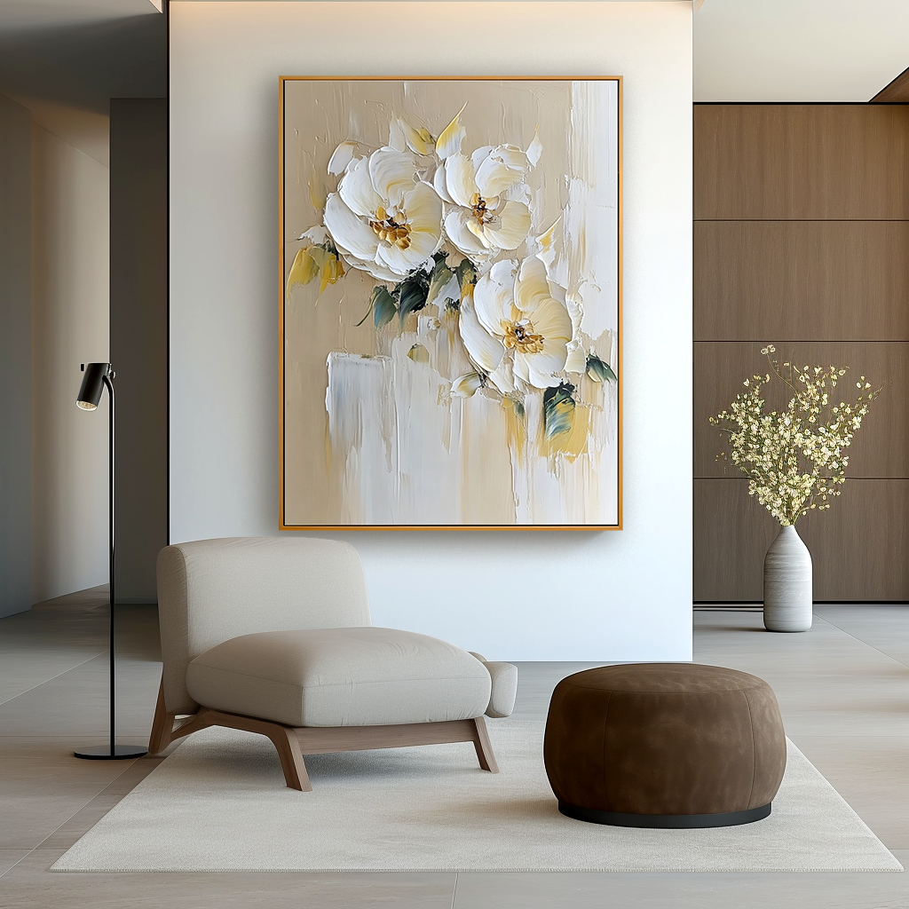 Large Textured White Flower Oil Painting – Hand-Painted Floral Wall Art Modern Canvas Decor