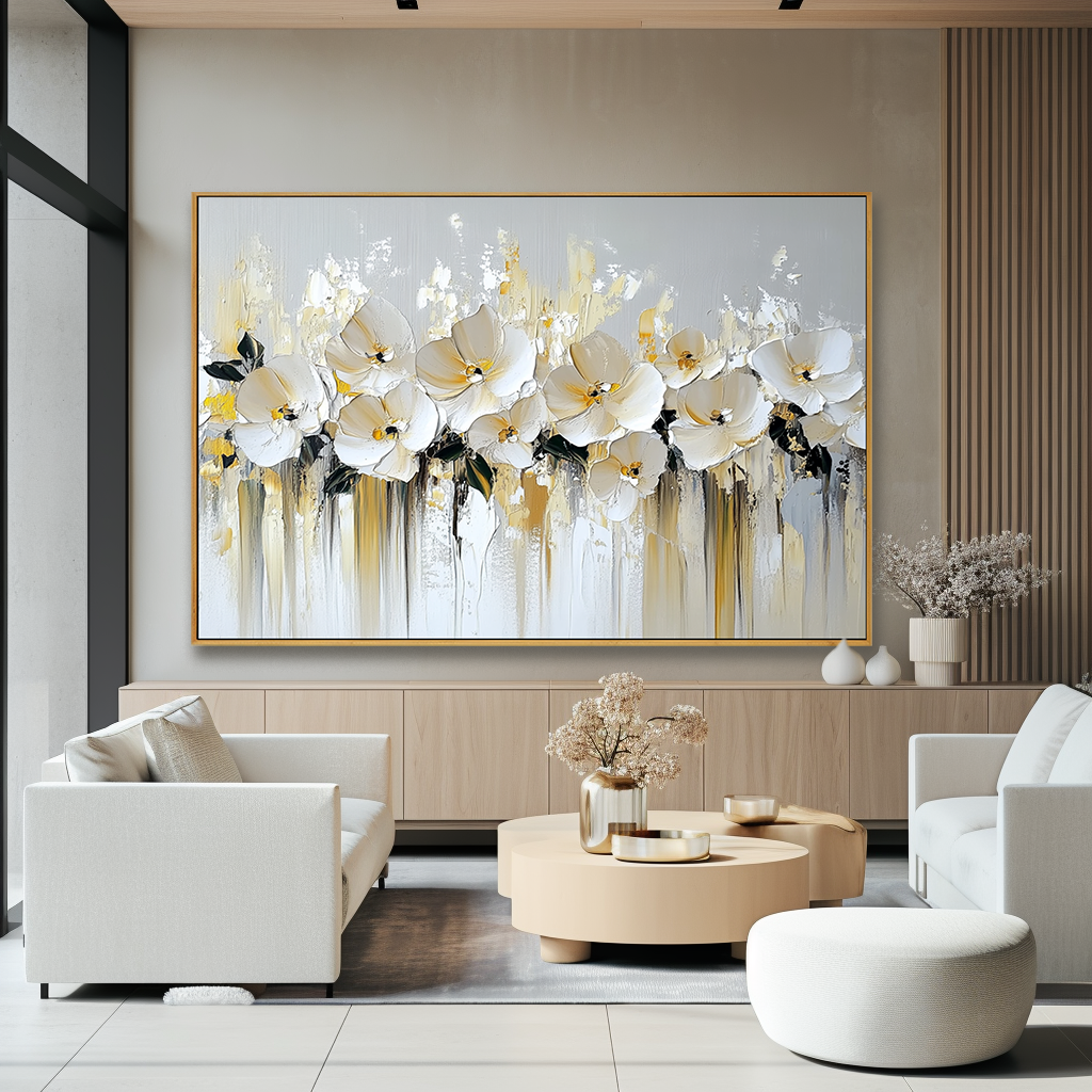 Large Textured White Orchid Oil Painting – Hand-Painted Floral Canvas Wall Art Modern Decor