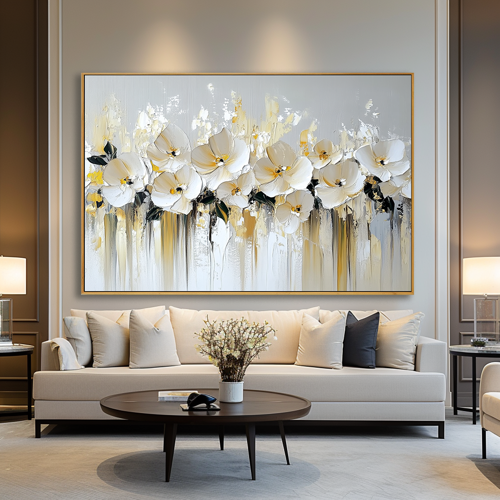 Large Textured White Orchid Oil Painting – Hand-Painted Floral Canvas Wall Art Modern Decor