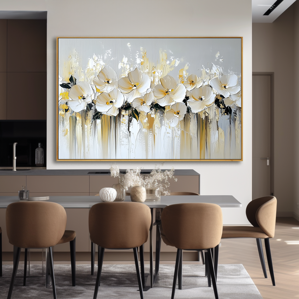 Large Textured White Orchid Oil Painting – Hand-Painted Floral Canvas Wall Art Modern Decor