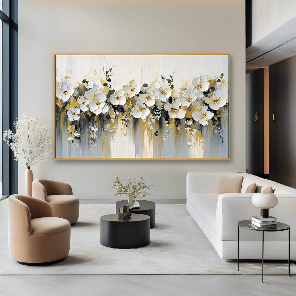 Large Textured Orchid Oil Painting – Hand-Painted White Floral Canvas Wall Art Modern Decor
