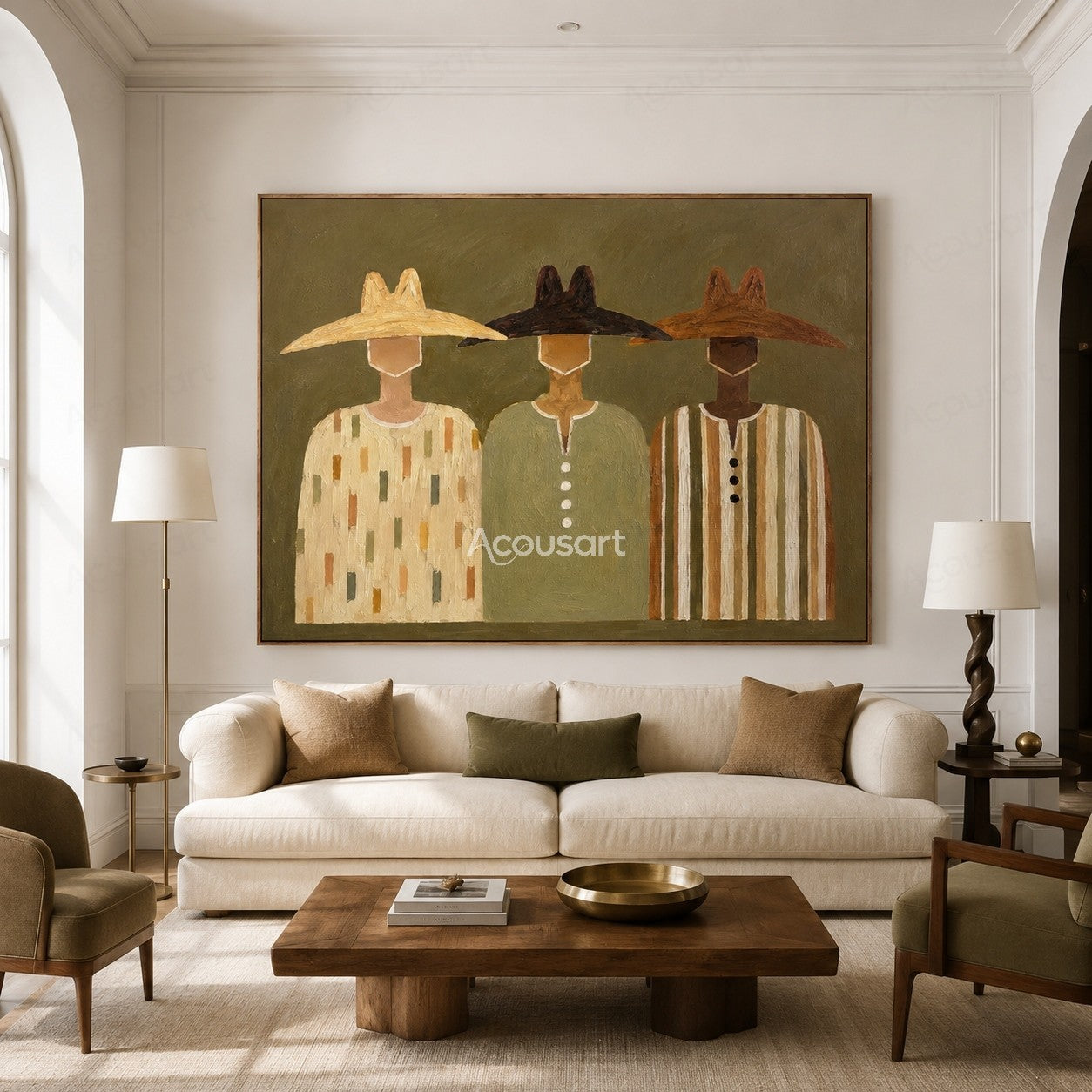 Minimalist western cowboy portrait wall art featuring three cowboys with hats on olive green background