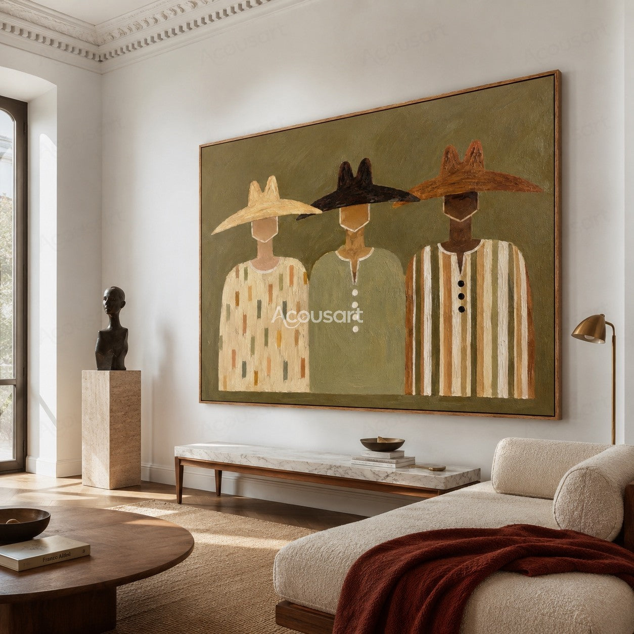 Minimalist western cowboy portrait wall art featuring three cowboys with hats on olive green background