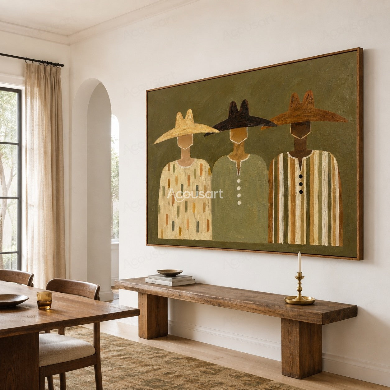 Minimalist western cowboy portrait wall art featuring three cowboys with hats on olive green background