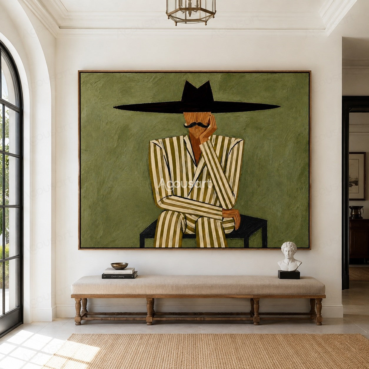 Minimalist western gentleman wall art featuring seated man in striped suit and oversized black hat on olive green background