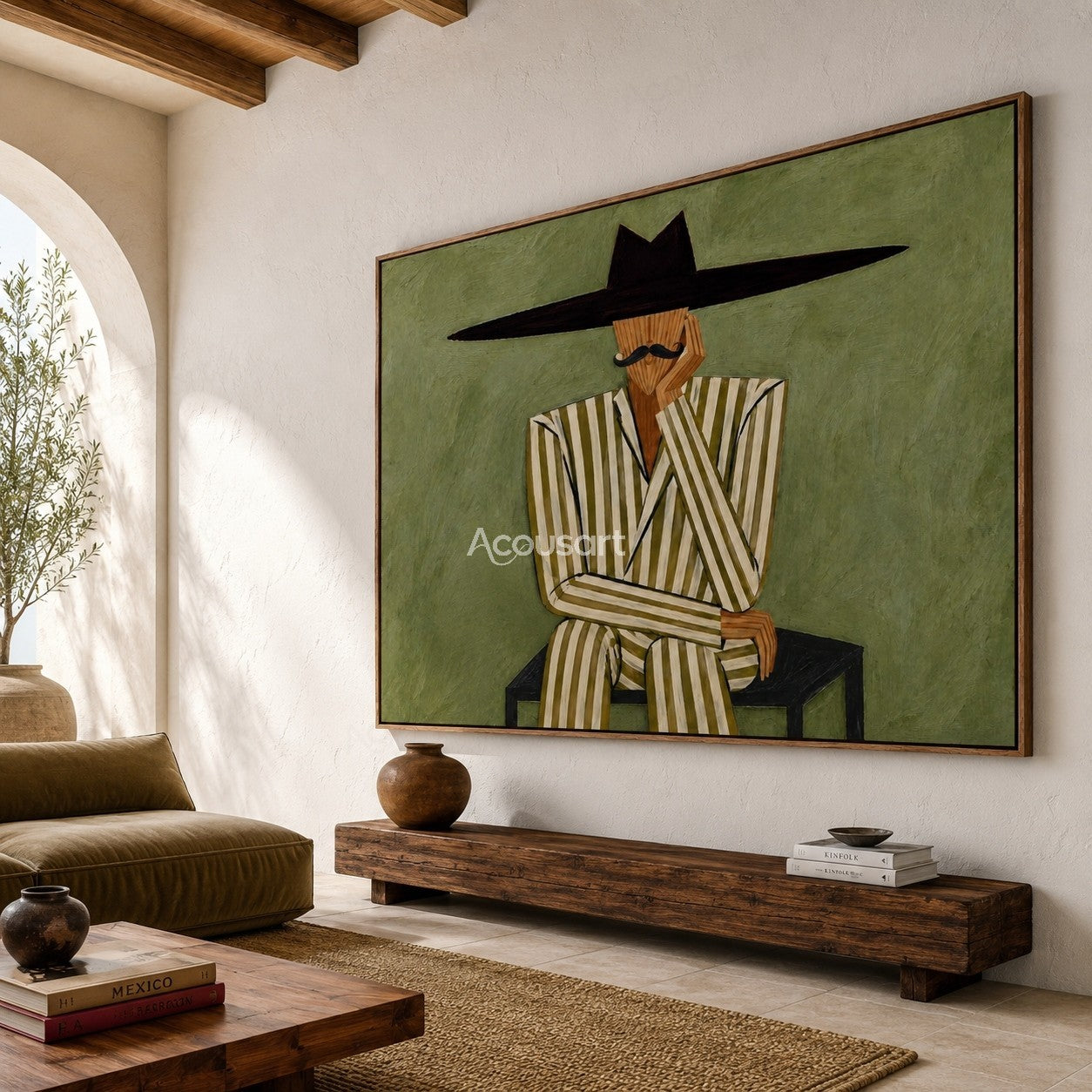 Minimalist western gentleman wall art featuring seated man in striped suit and oversized black hat on olive green background