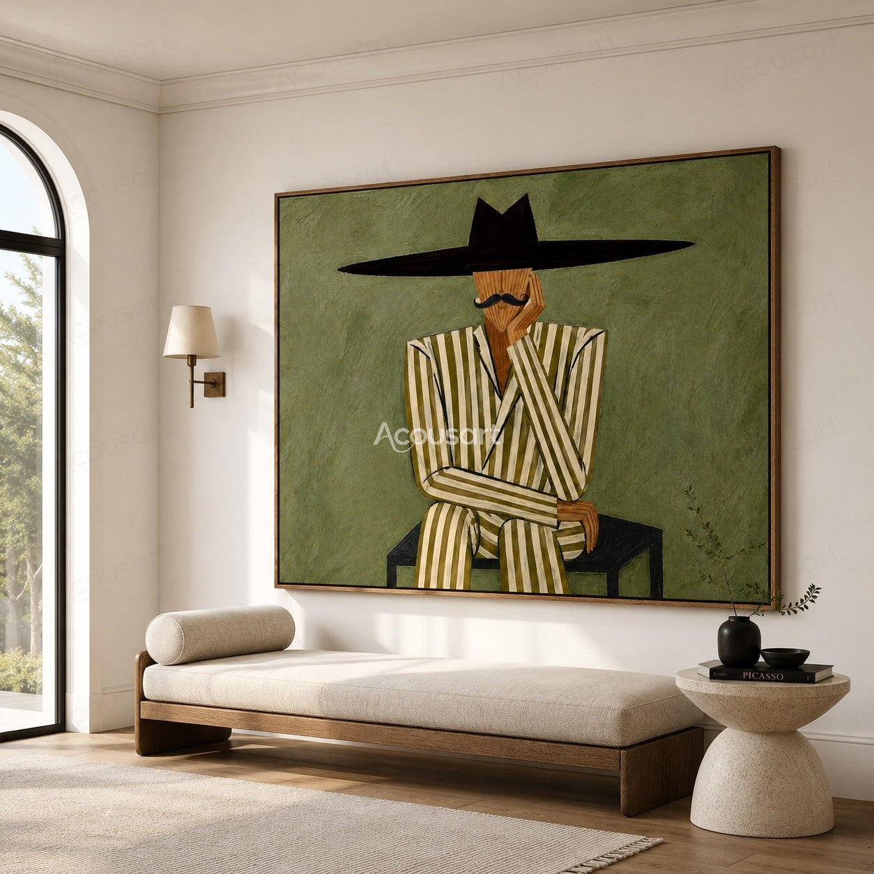 Minimalist western gentleman wall art featuring seated man in striped suit and oversized black hat on olive green background