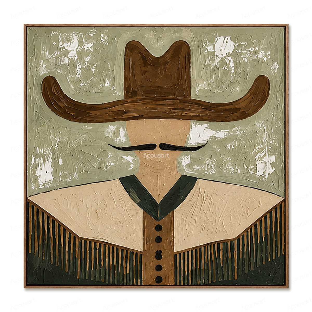 Minimalist western cowboy wall art with brown hat, black mustache, fringe jacket, and sage green textured background
