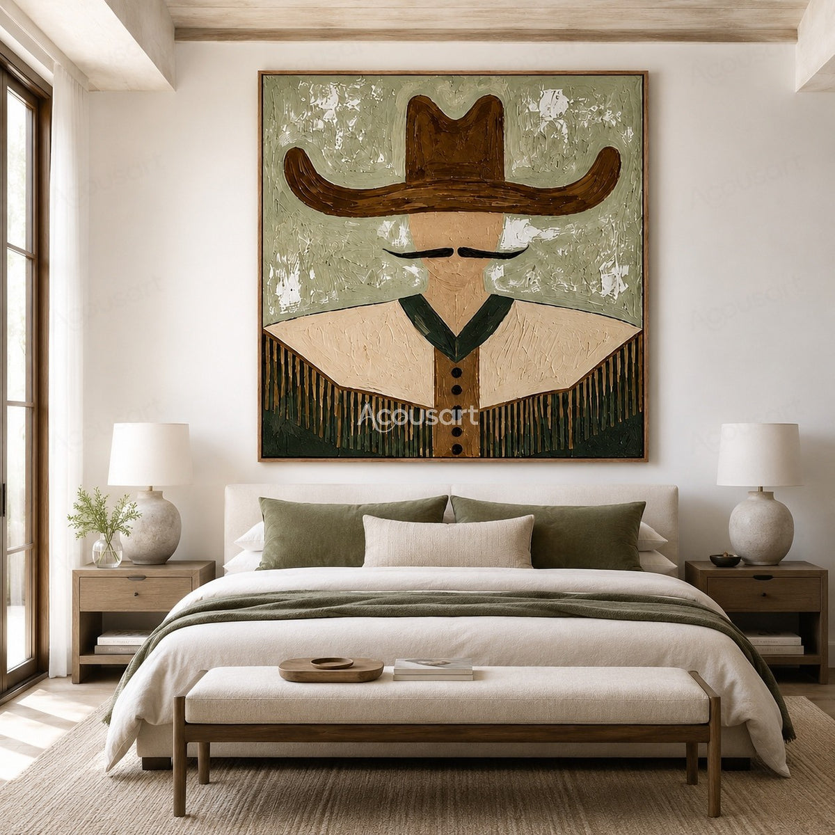 Minimalist western cowboy wall art with brown hat, black mustache, fringe jacket, and sage green textured background