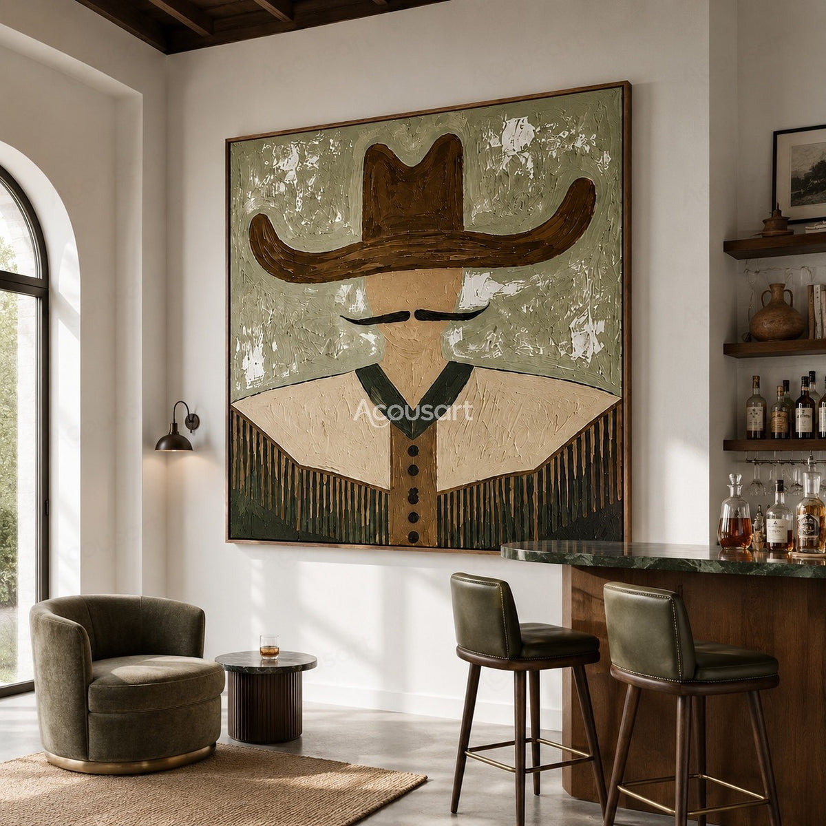 Minimalist western cowboy wall art with brown hat, black mustache, fringe jacket, and sage green textured background