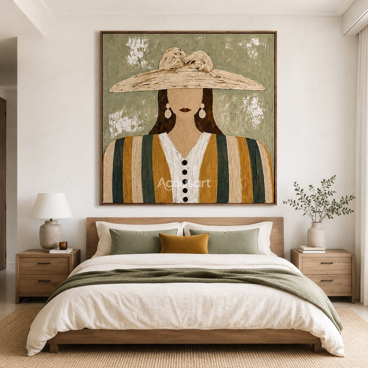 Minimalist boho woman portrait wall art with large straw hat, striped outfit, and sage green textured background