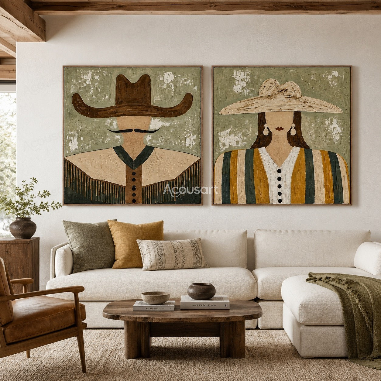 Minimalist cowboy and cowgirl portrait wall art set with wide hats, textured brushstrokes, and sage green western style background