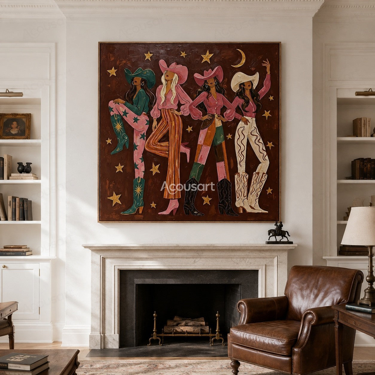 Colorful western cowgirl wall art featuring four women in cowboy hats, boots, stars, and vibrant fashion outfits