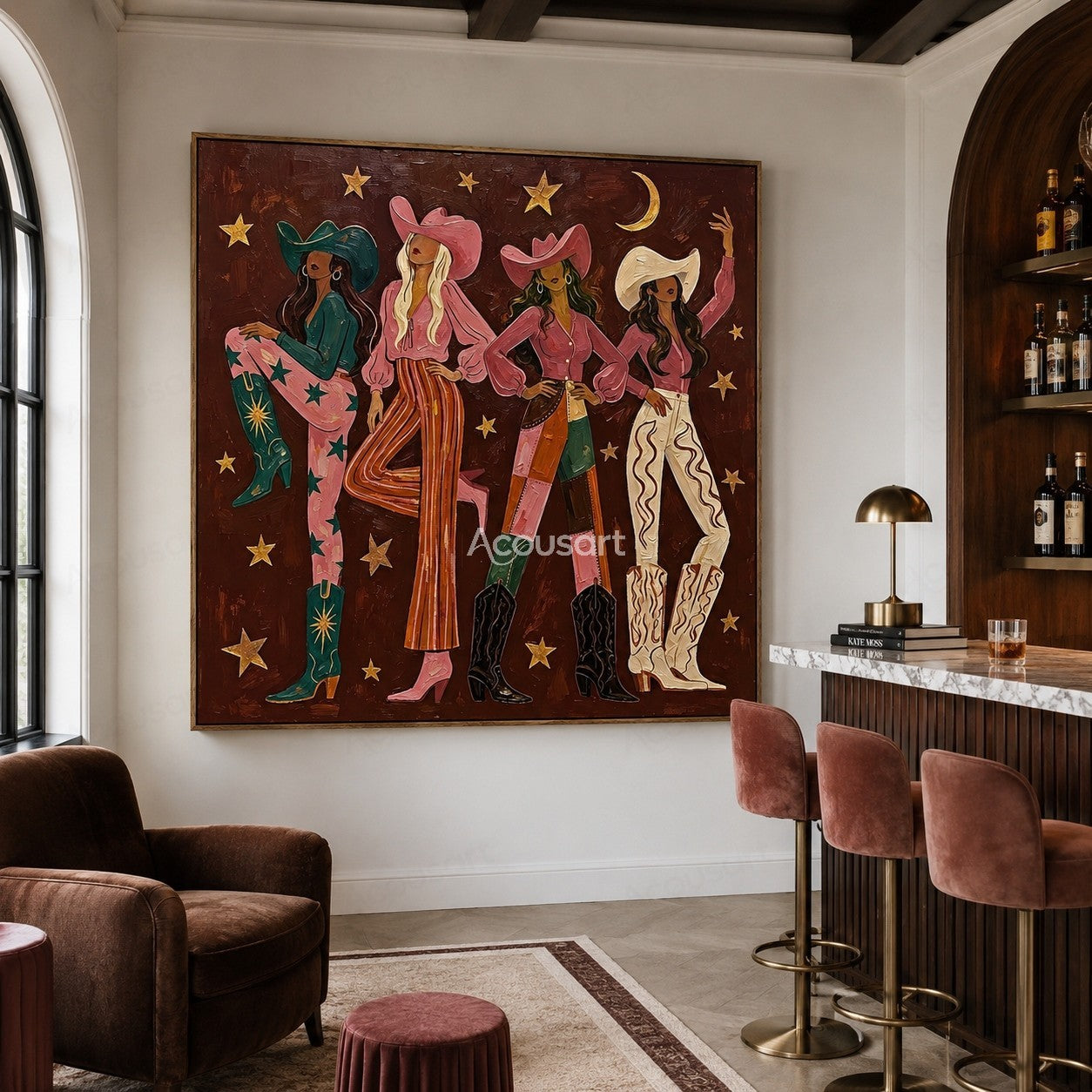 Colorful western cowgirl wall art featuring four women in cowboy hats, boots, stars, and vibrant fashion outfits