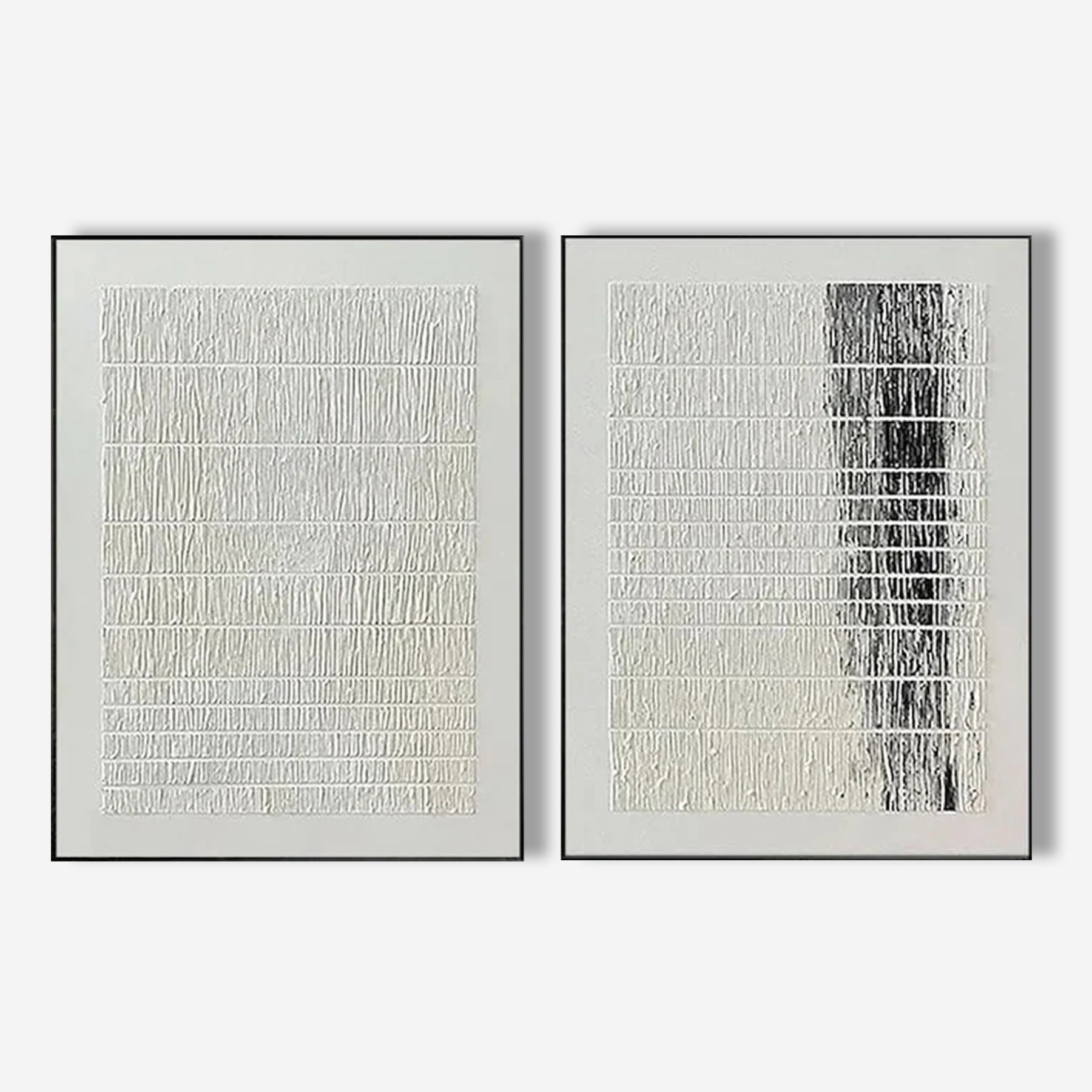 Minimalist black and white textured abstract wall art diptych with thread-like patterns