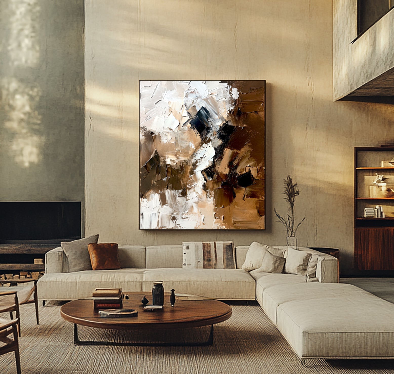 Bold brushstroke abstract wall art with textured waves in earthy tones of brown and ivory.