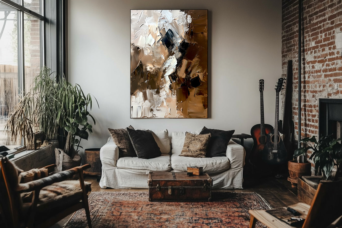 Bold brushstroke abstract wall art with textured waves in earthy tones of brown and ivory.