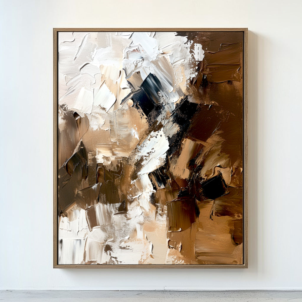 Bold brushstroke abstract wall art with textured waves in earthy tones of brown and ivory.