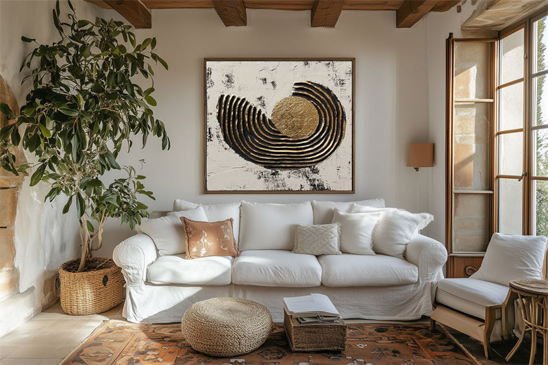Golden Eclipse – Abstract gold circle geometric textured painting with black and gold ridges.