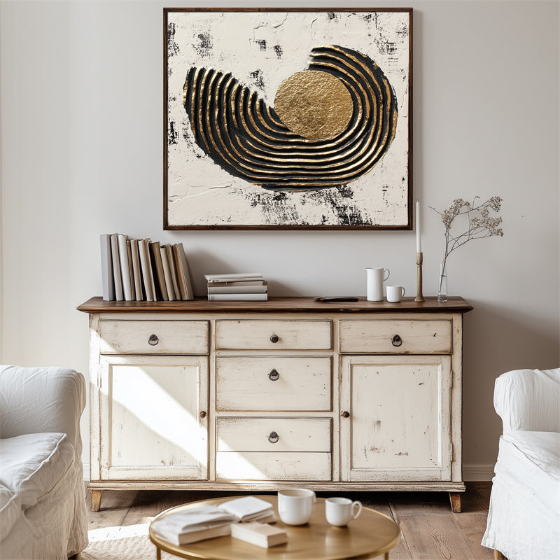 Golden Eclipse – Abstract gold circle geometric textured painting with black and gold ridges.