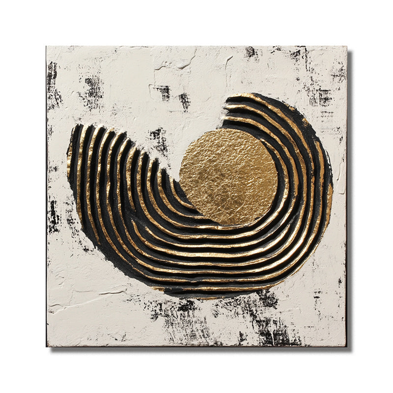 Golden Eclipse – Abstract gold circle geometric textured painting with black and gold ridges.
