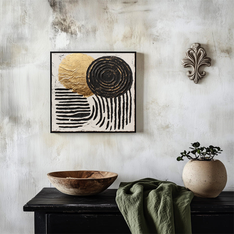 Golden Balance – Abstract geometric textured canvas painting with gold and black circles.