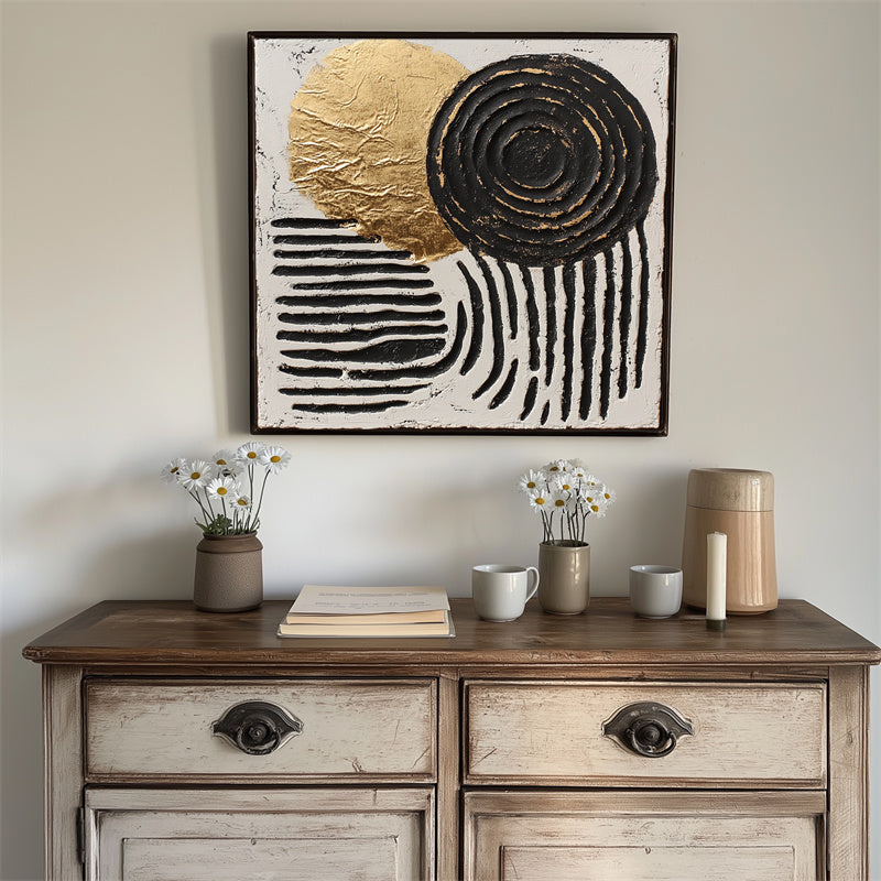 Golden Balance – Abstract geometric textured canvas painting with gold and black circles.