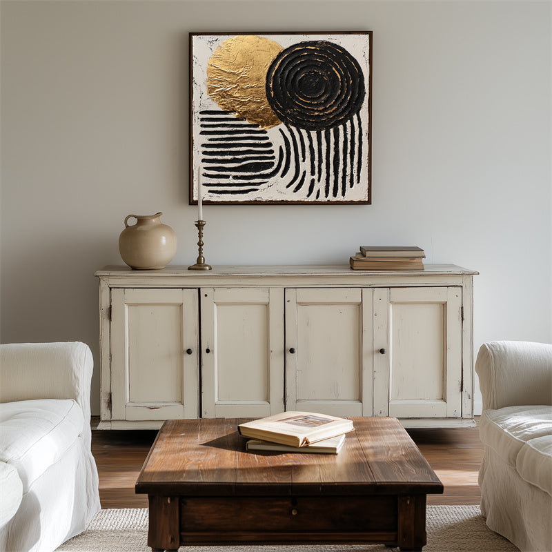 Golden Balance – Abstract geometric textured canvas painting with gold and black circles.
