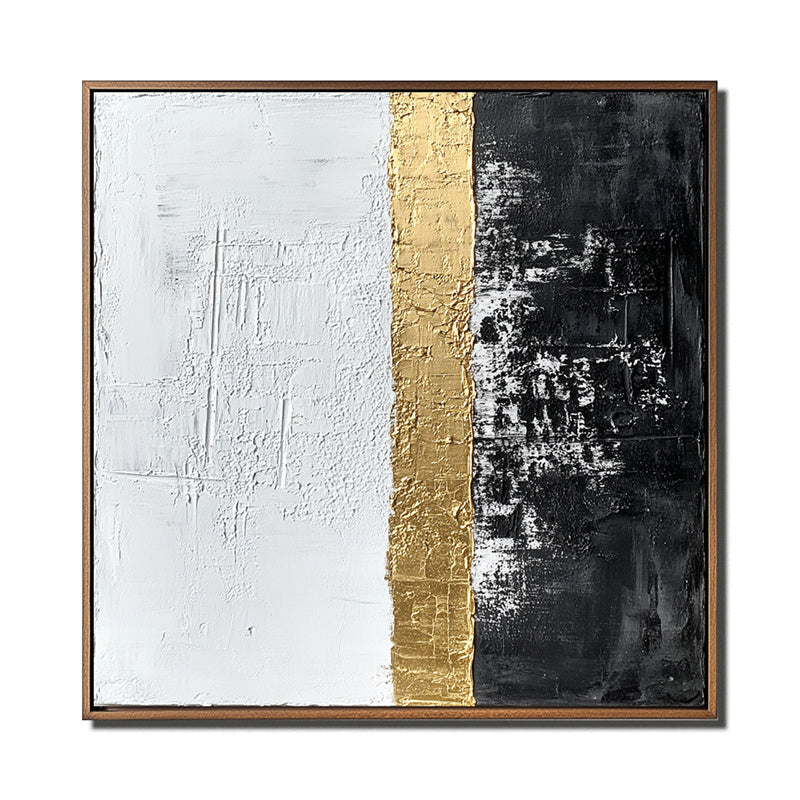 Abstract textured wall art with gold stripe, featuring black and white sections.