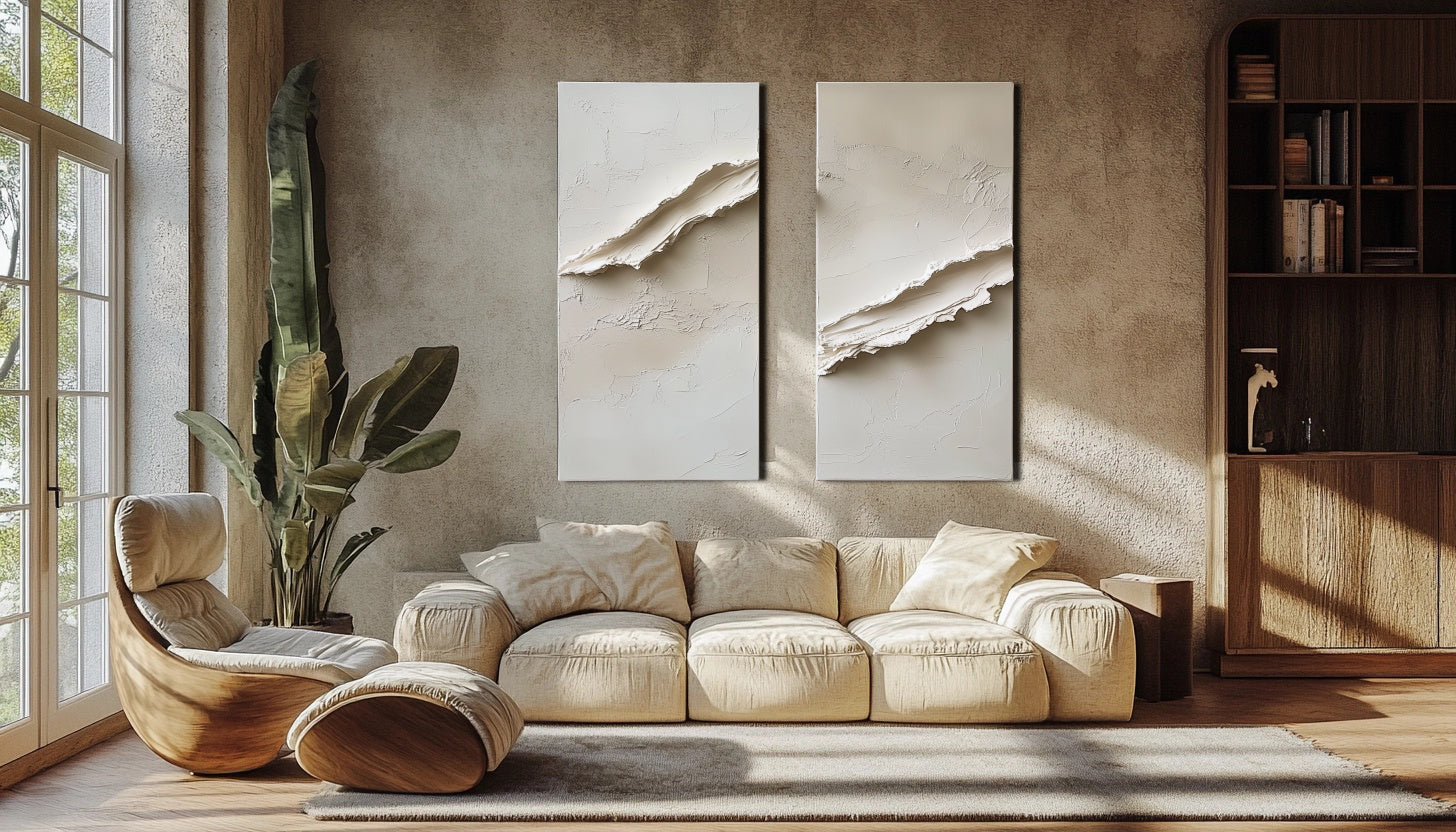 Serenity Ridge minimalist texture wall art 3d diptych with neutral sculptural ridges